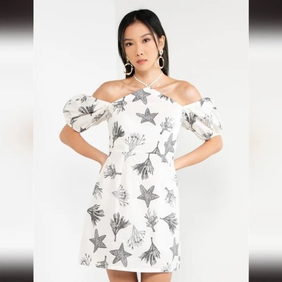 NEW Never Fully Dressed White Reef Rocco Tropical Puff Sleeve Mini Dress 12 NWT - Picture 1 of 8